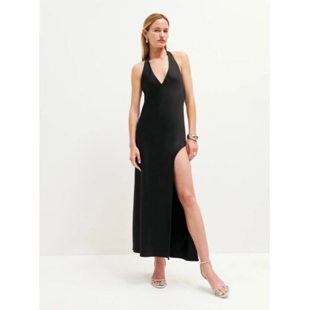 Reformation Black Halter Maxi Dress with Thigh Slit